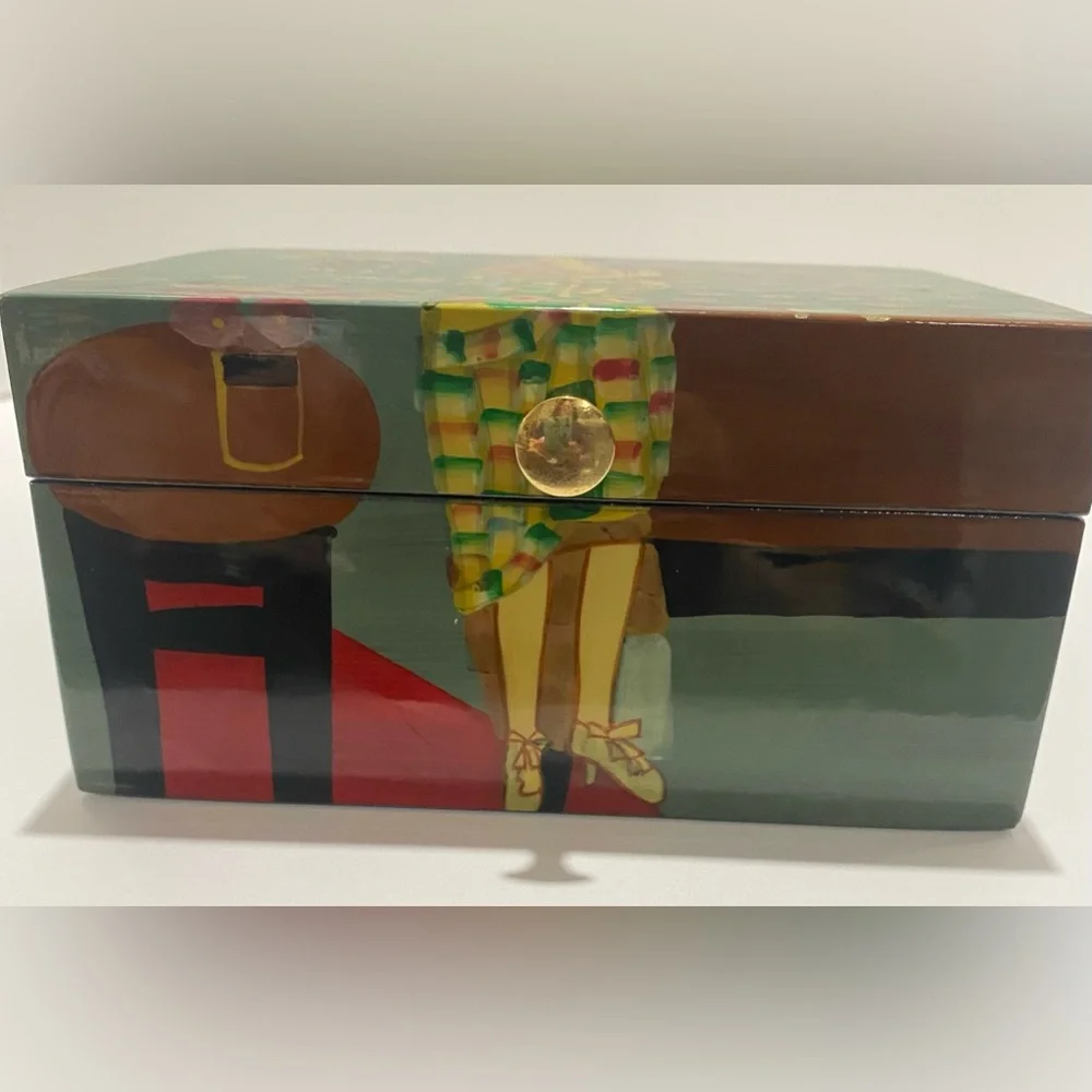 Asian Hand-Painted Lacquer Wood Box Jewelry Japanese Chinese Oriental Hinge Lid